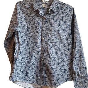 L.L. Bean Wrinkle Resist Blue Paisley Print Button Down Shirt Women's Size L